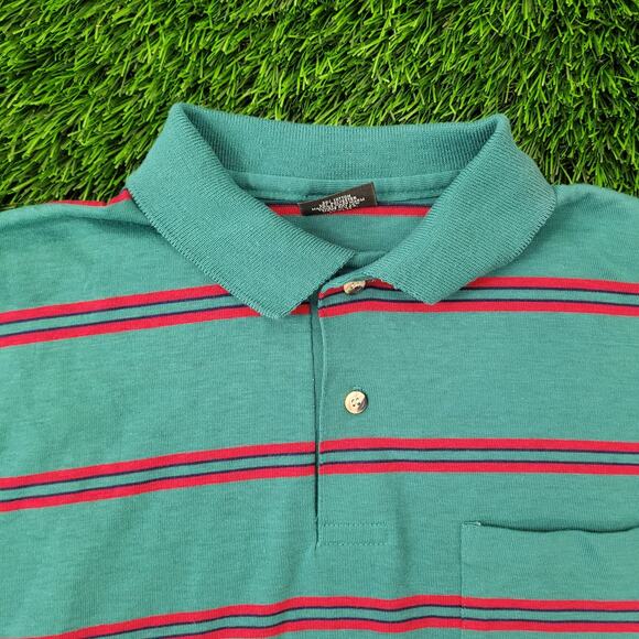 Vintage 90s MOD Striped Polo Shirt Large 22x27 Green Red - Picture 8 of 14